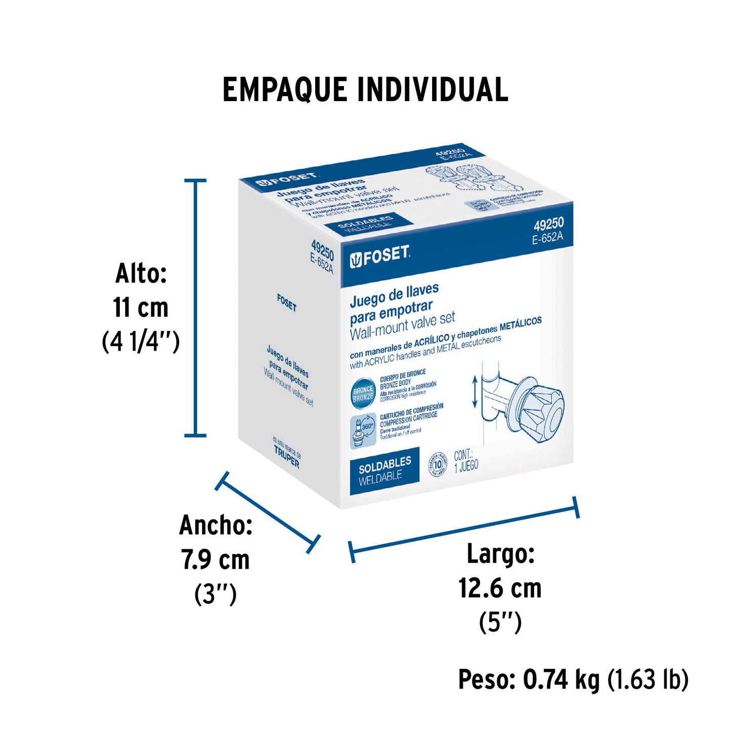 Juego llaves empotrar soldables, maneral acrílico, Foset 49250