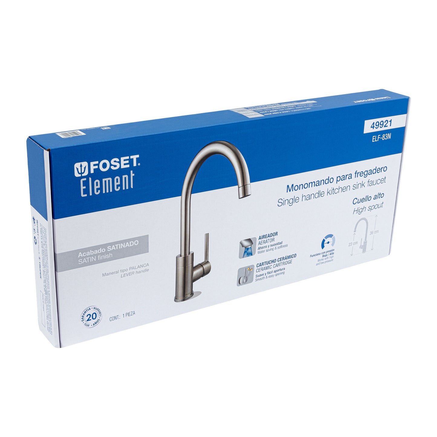 Monomando satín cuello alto para fregadero, Foset 49921