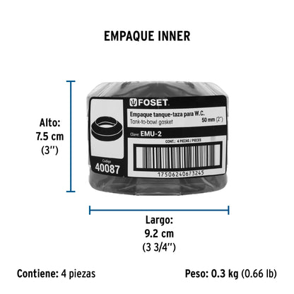 Empaque unión tanque-taza para WC, 2", FOSET 40087