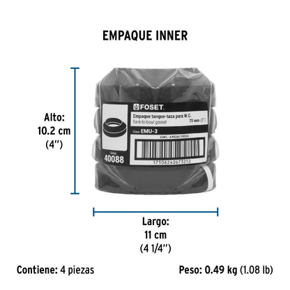 Empaque unión tanque-taza para WC, 3", FOSET 40088
