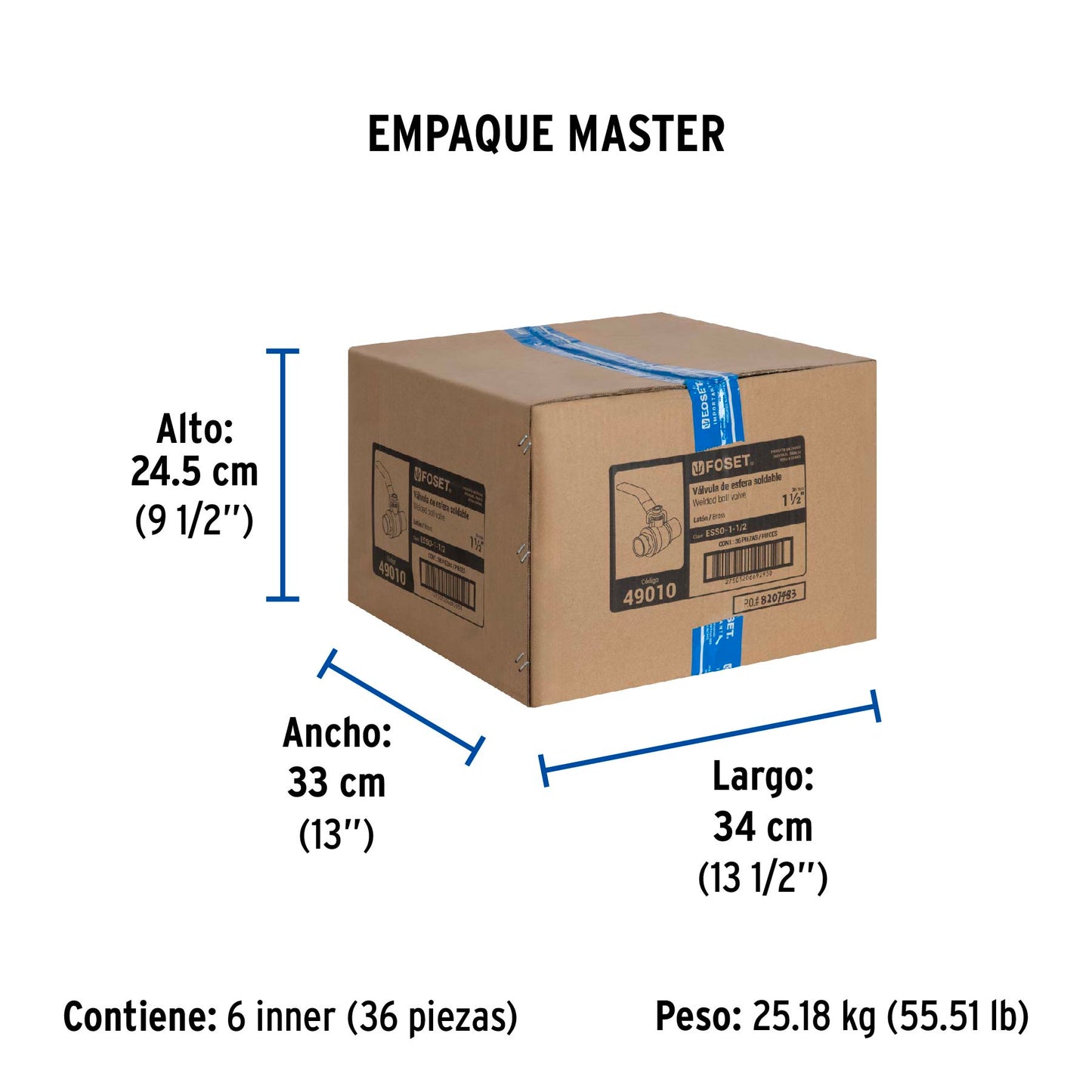 Válvula de esfera de latón, soldable 1-1/2", FOSET 49010