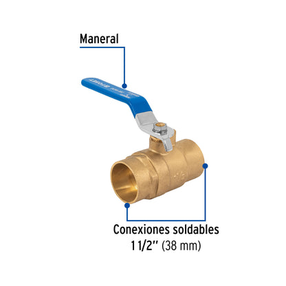 Válvula de esfera de latón, soldable 1-1/2", FOSET 49010