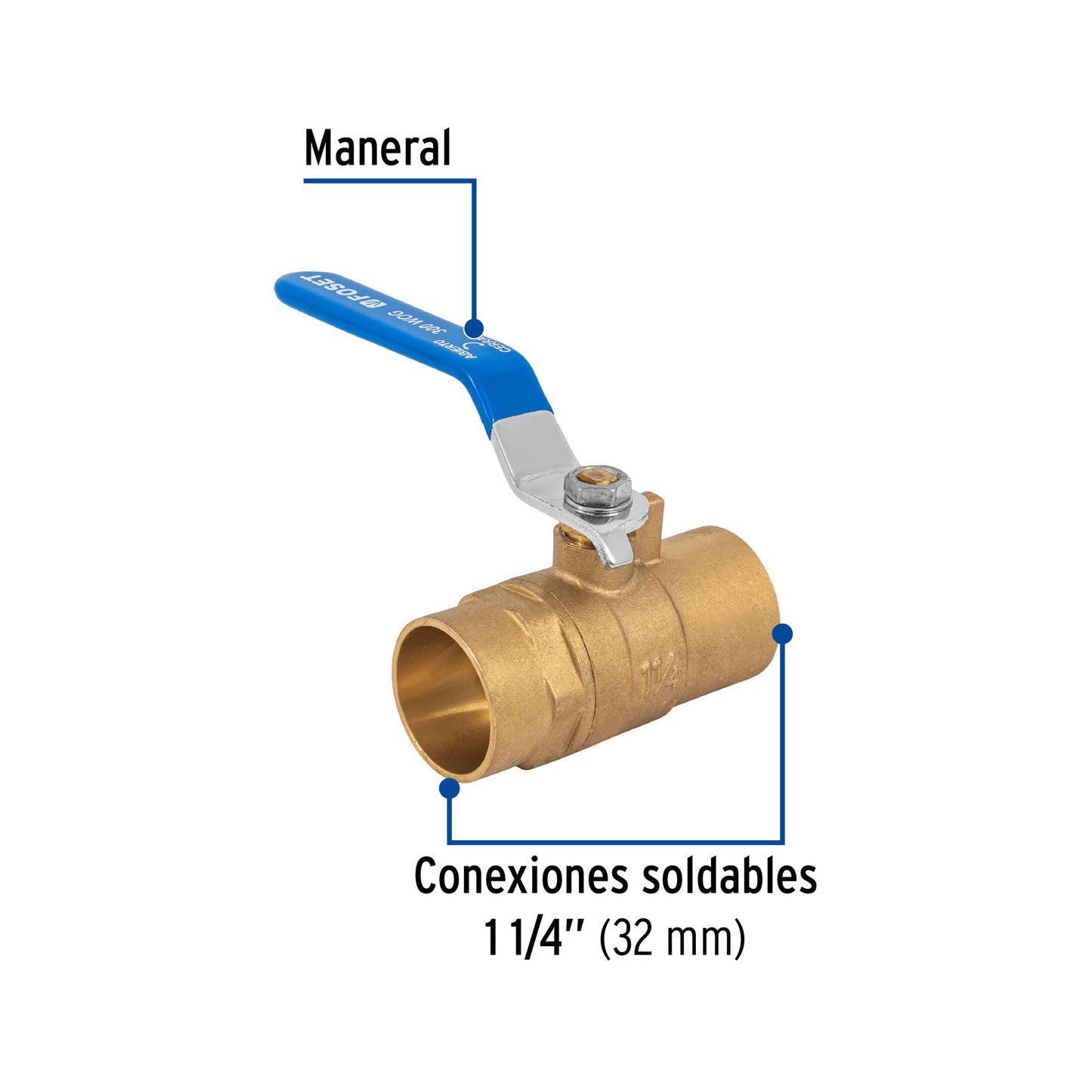 Válvula de esfera de latón, soldable 1-1/4", FOSET 49009