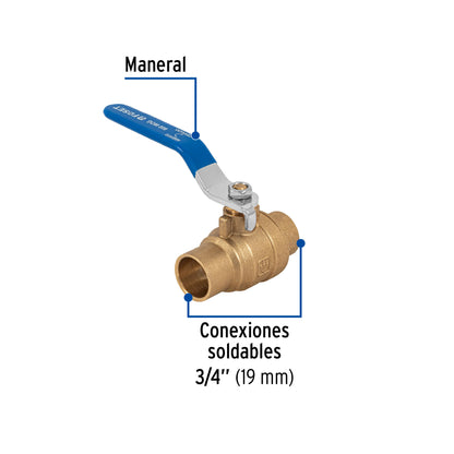 Válvula de esfera, de latón, soldable, 3/4", alta presión 49482
