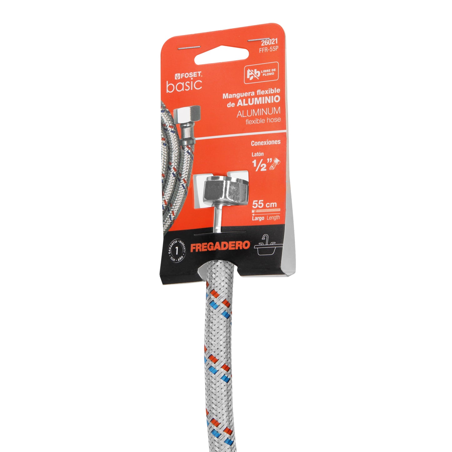 Manguera lavabo/fregadero, aluminio, 1/2"x1/2",55 cm, Basic  26021