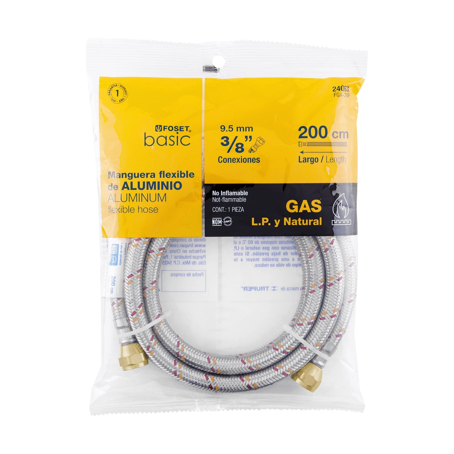 Manguera para gas, aluminio, 3/8", 200 cm, Foset Basic 24063