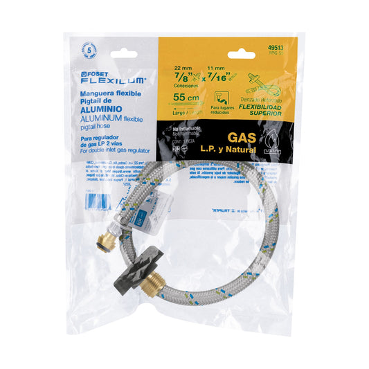 Manguera pigtail, aluminio, 7/16" x 7/8", 55 cm, Foset 49513