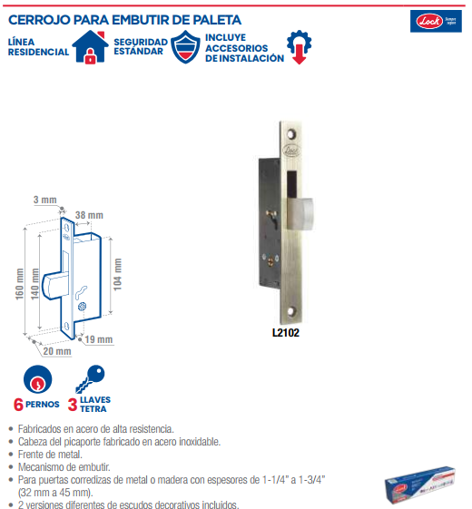 Cerrojo para embutir de paleta, latón antiguo, llave tetra, en caja