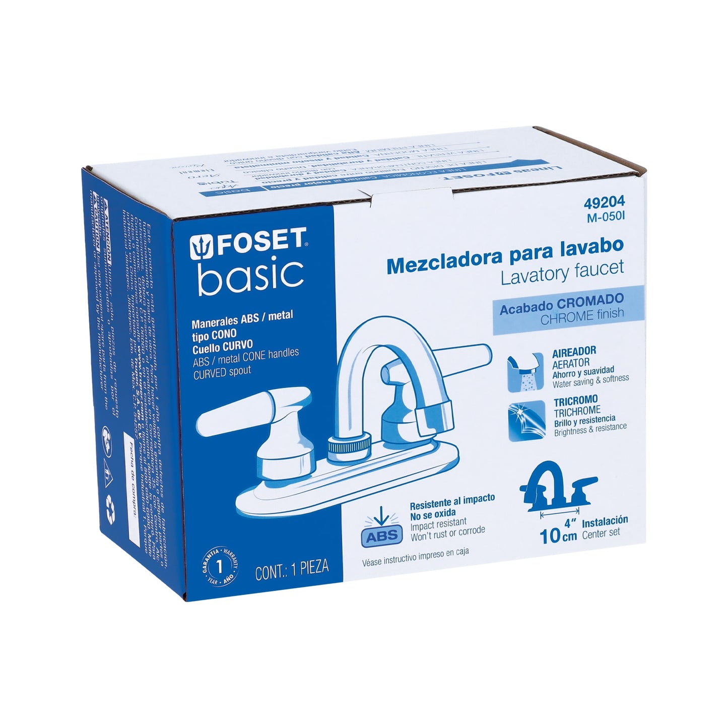 Mezcladora 4" para lavabo, cuello curvo, manerales cono49204