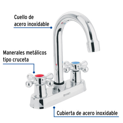 Mezcladora 4" para lavabo, cuello bar, manerales cruceta 47682