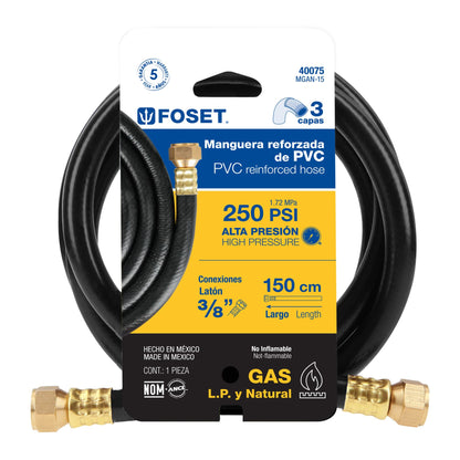 Manguera para gas, PVC negra, 3/8"x1.5 m, c/conexión, Foset 40075