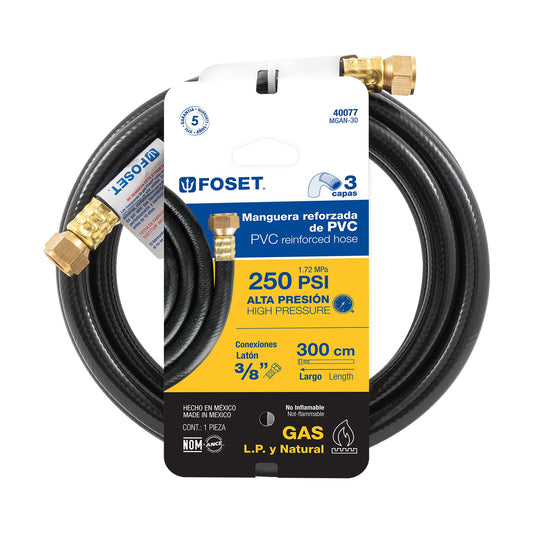 Manguera para gas, PVC negra, 3/8"x3 m, c/conexión, Foset  40077