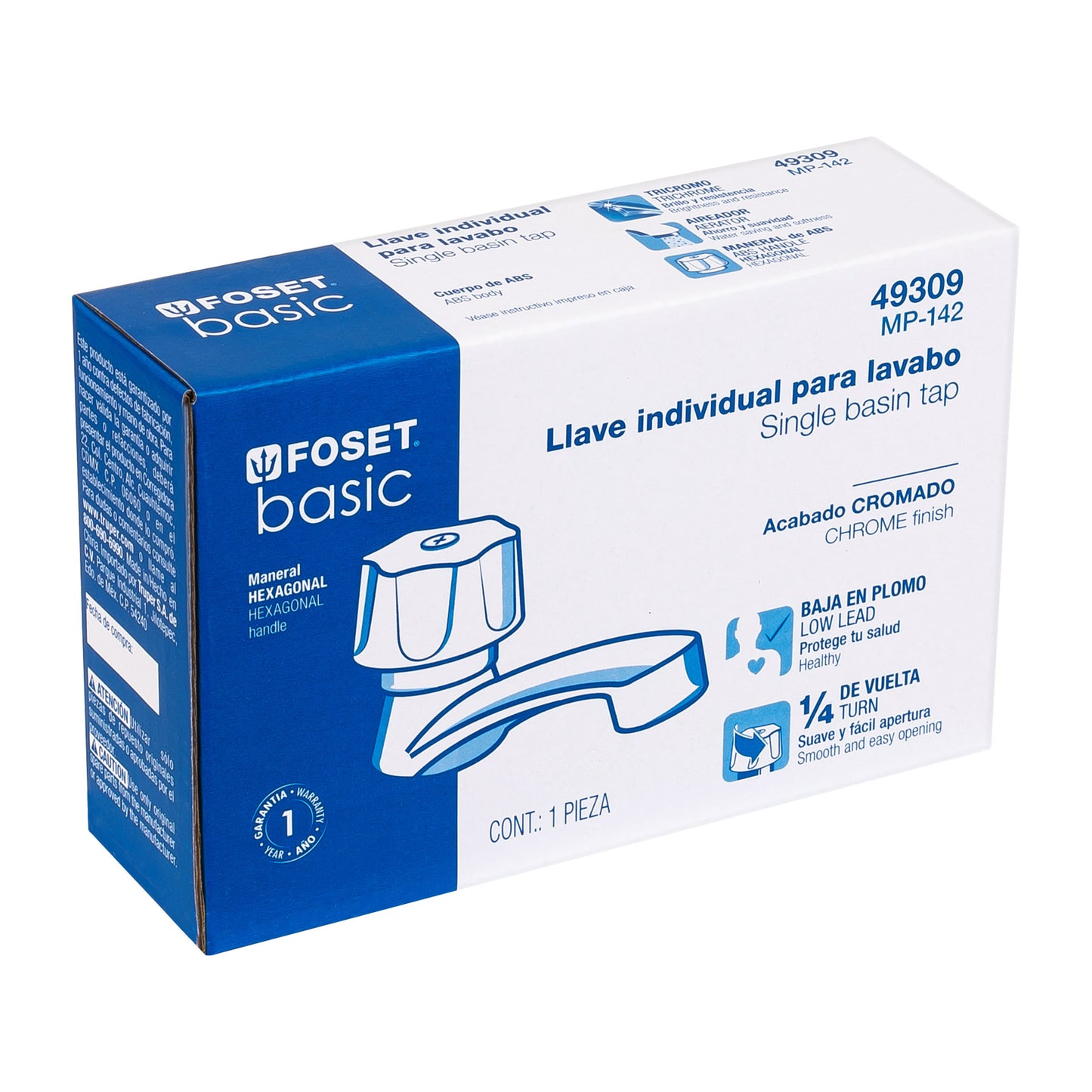 Llave individual lavabo, ABS, hexagonal, BASIC 49309