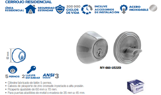 Cerrojo residencial función sencilla, acero inoxidable, llave estándar, en caja