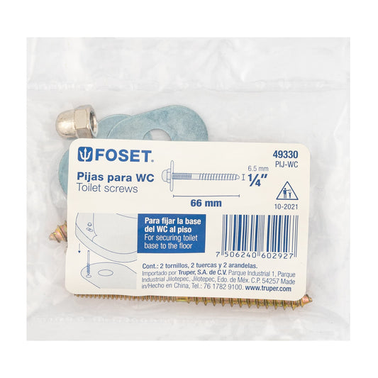 Bolsa con 2 pijas 1/4" x 66 mm para base de WC a piso, FOSET 49330
