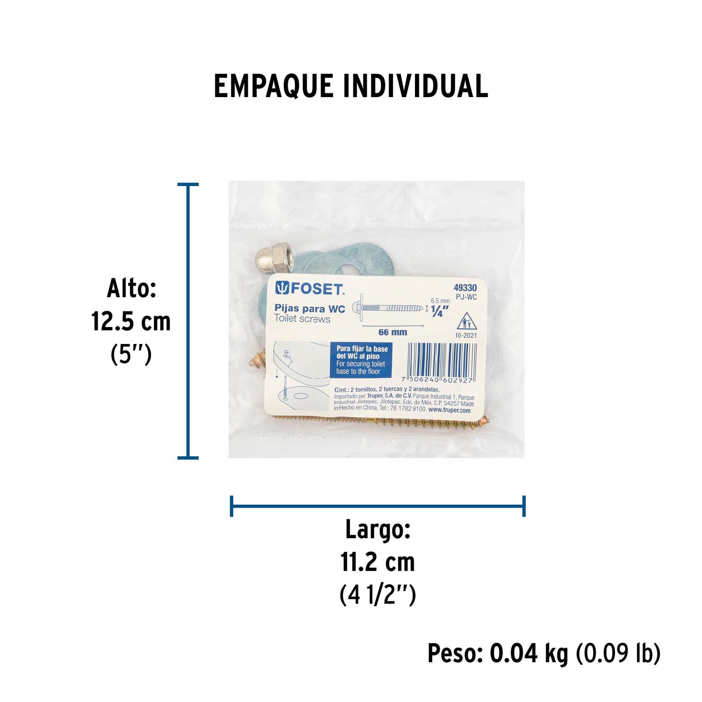 Bolsa con 2 pijas 1/4" x 66 mm para base de WC a piso, FOSET 49330