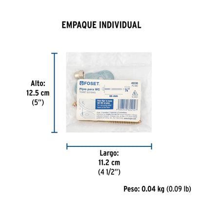 Bolsa con 2 pijas 1/4" x 66 mm para base de WC a piso, FOSET 49330
