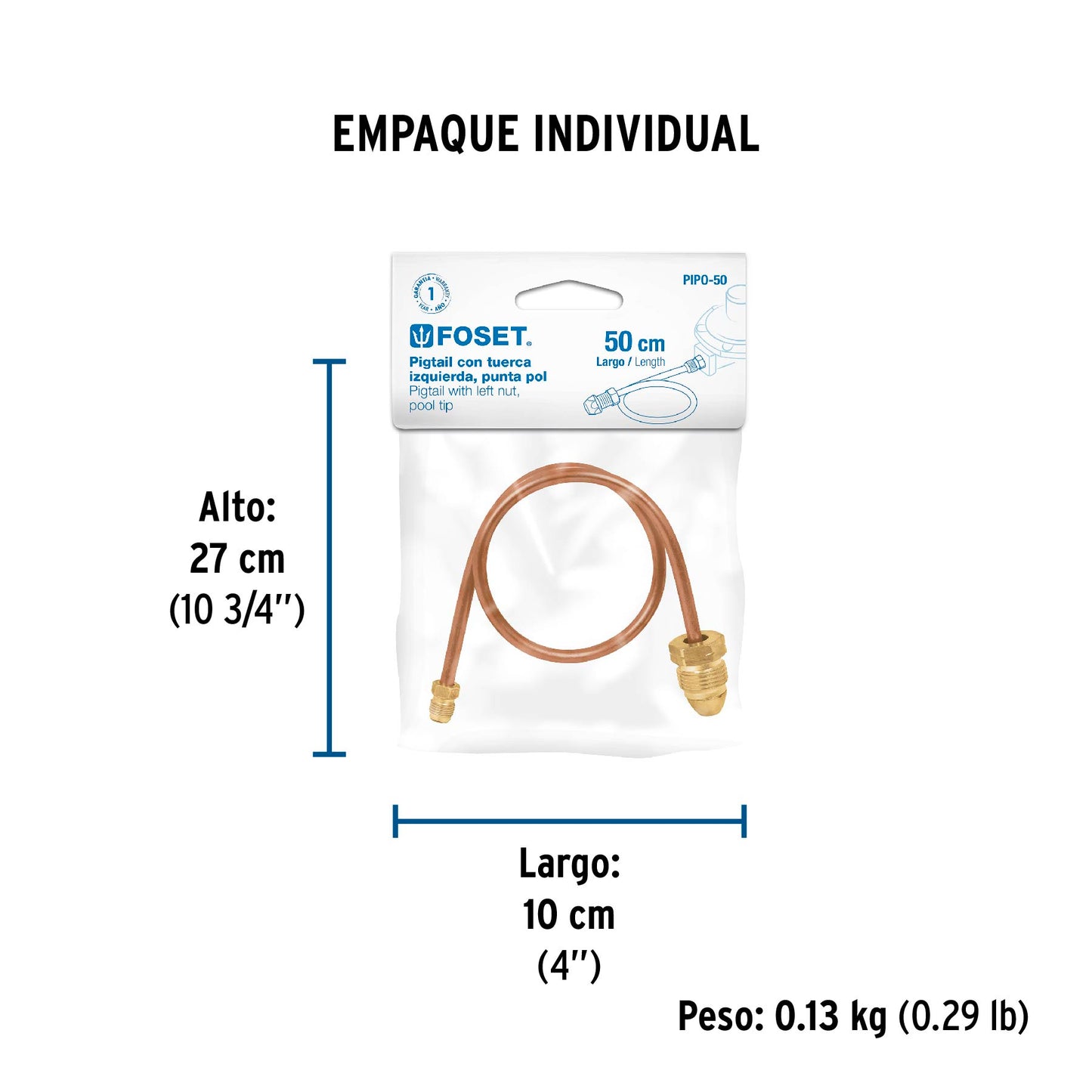 Pigtail con tuerca izquierda, punta pol, 50 cm, FOSET 49964