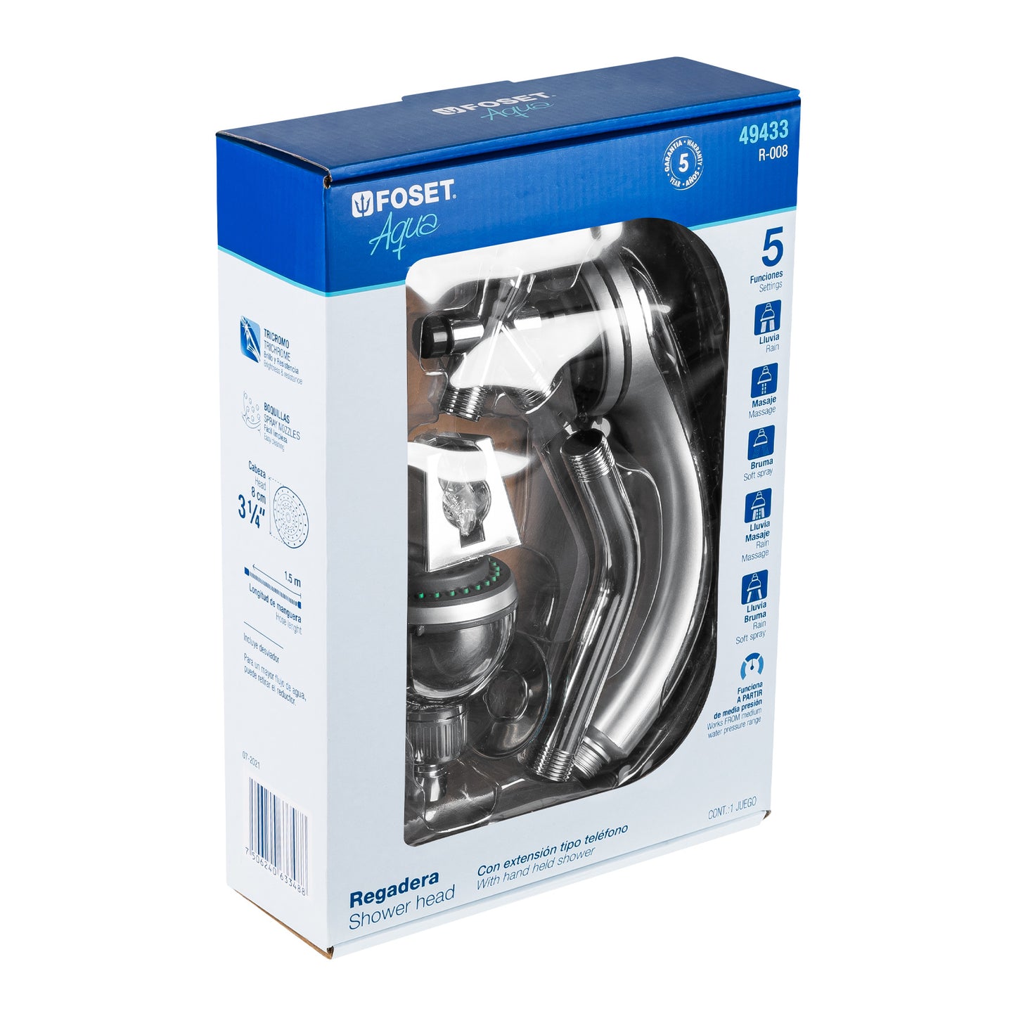 Regadera 3" con extensión tipo teléfono 5 funciones, Foset 49433