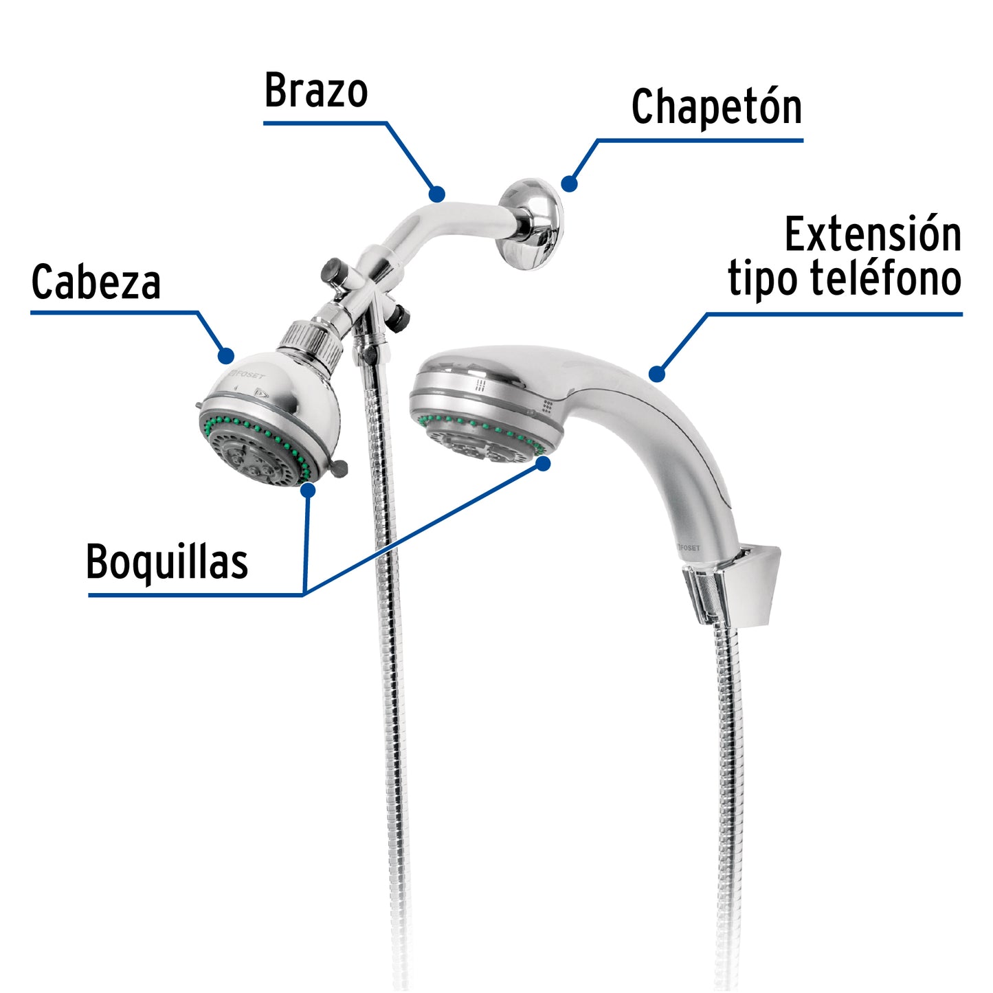 Regadera 3" con extensión tipo teléfono 5 funciones, Foset 49433
