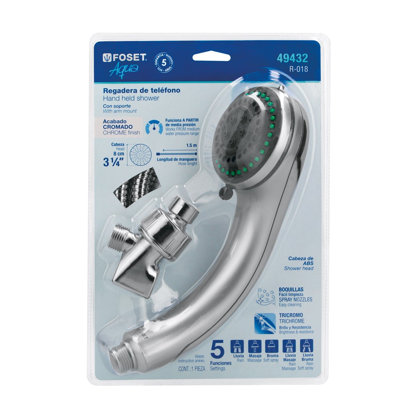 Regadera de teléfono 3", 5 funciones con soporte, Foset 49432