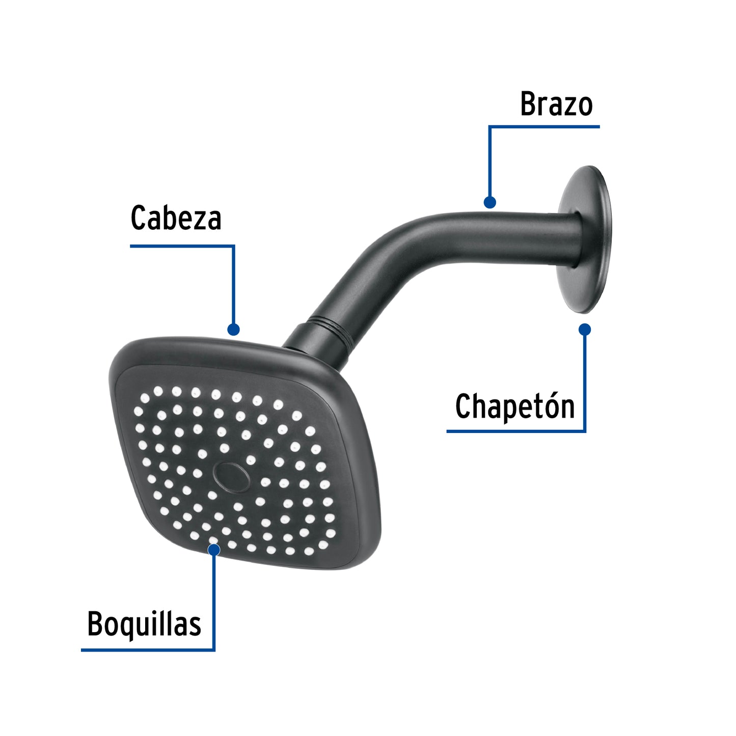 Regadera cuadrada 3-3/4" brazo y chapetón, negro, Basic 48420
