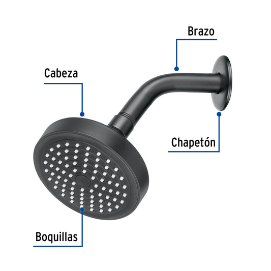 Regadera redonda 4-1/4" brazo y chapetón, negro, Basic 48422