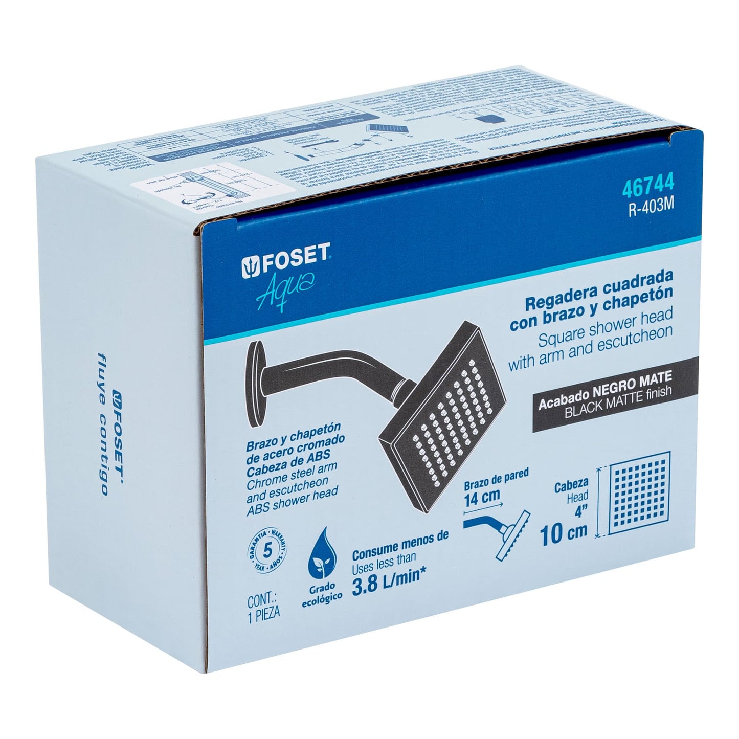 Regadera cuadrada ABS 4" acabado negro mate con brazo, Foset 46744