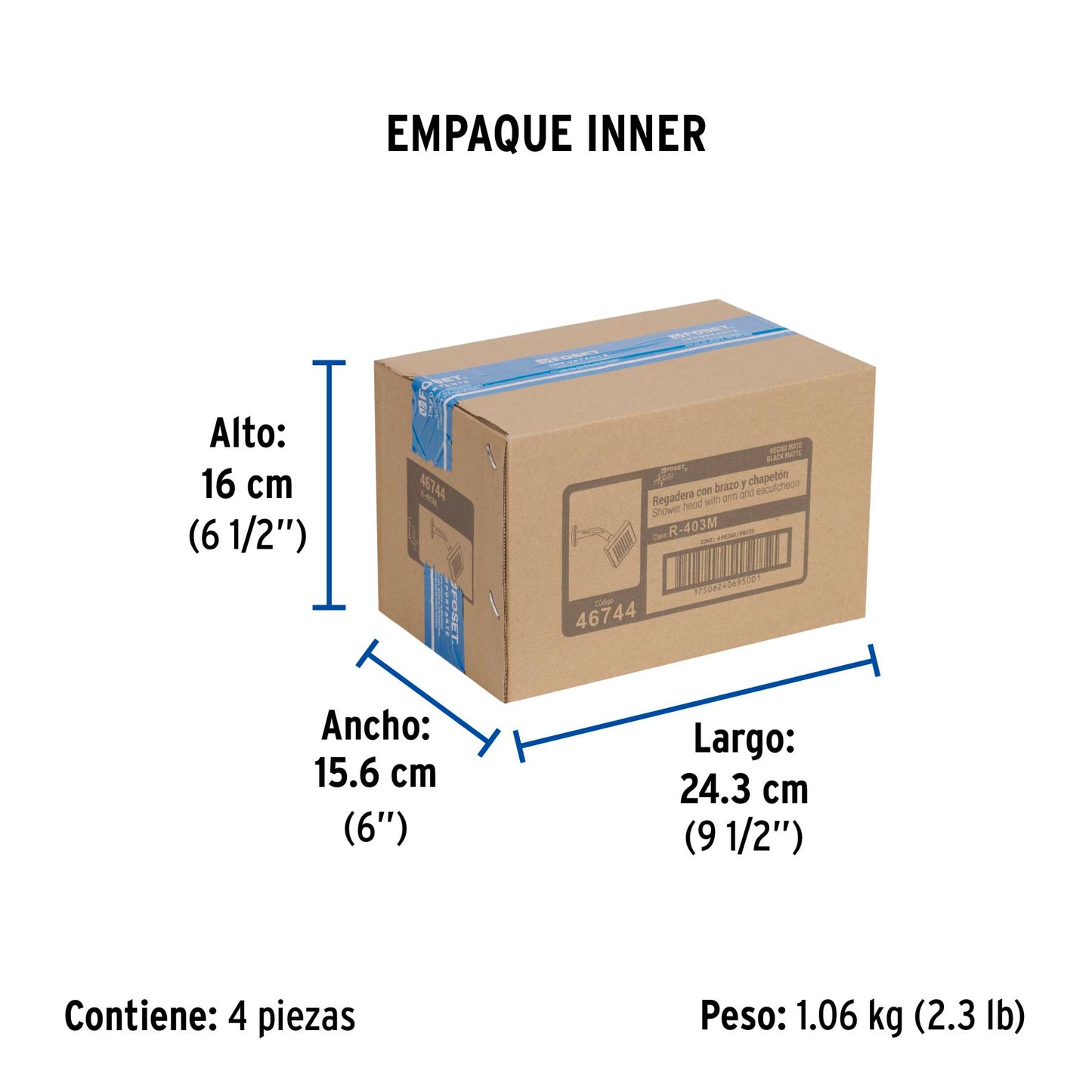 Regadera cuadrada ABS 4" acabado negro mate con brazo, Foset 46744