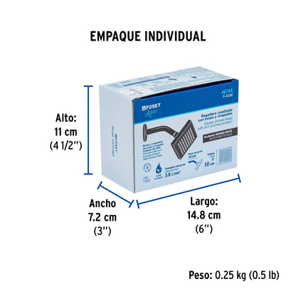 Regadera cuadrada ABS 4" acabado negro mate con brazo, Foset 46744