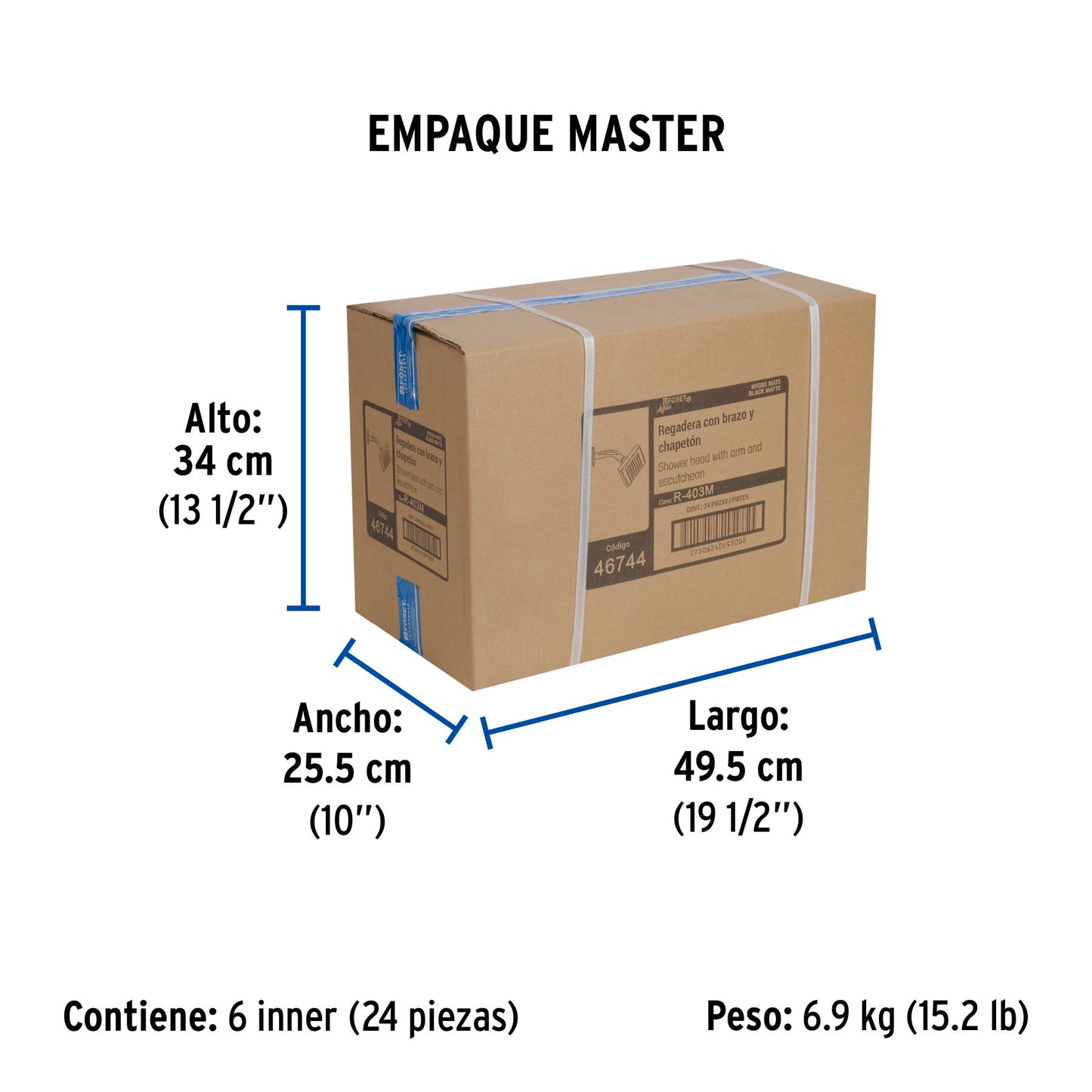 Regadera cuadrada ABS 4" acabado negro mate con brazo, Foset 46744