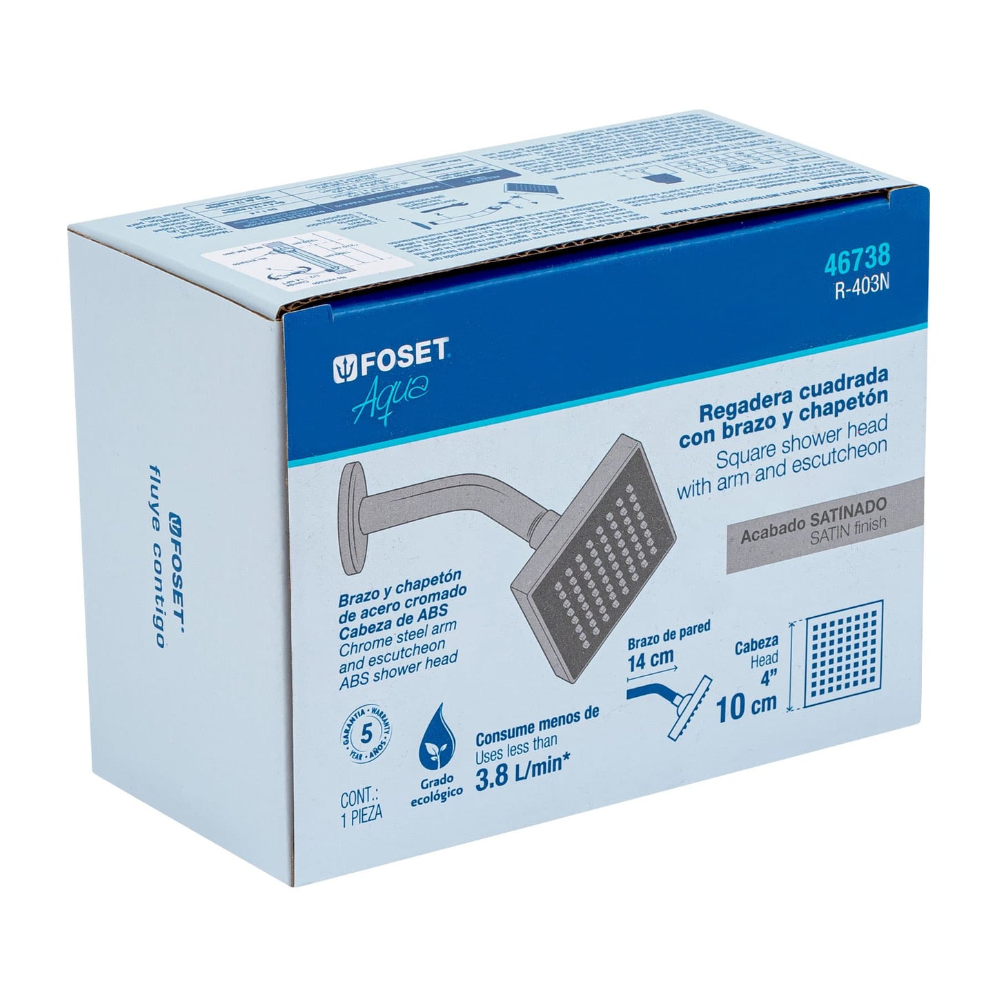 Regadera cuadrada ABS 4" acabado satín con brazo, Foset 46738