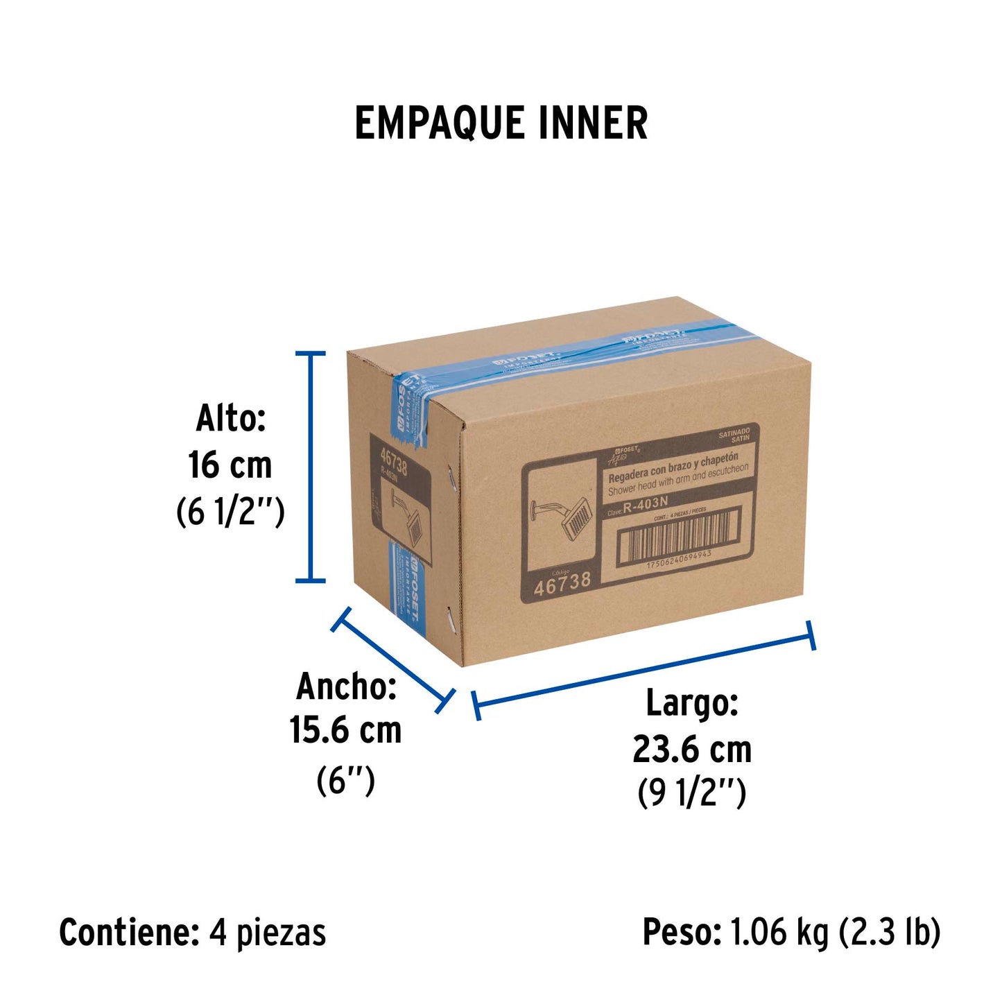 Regadera cuadrada ABS 4" acabado satín con brazo, Foset 46738