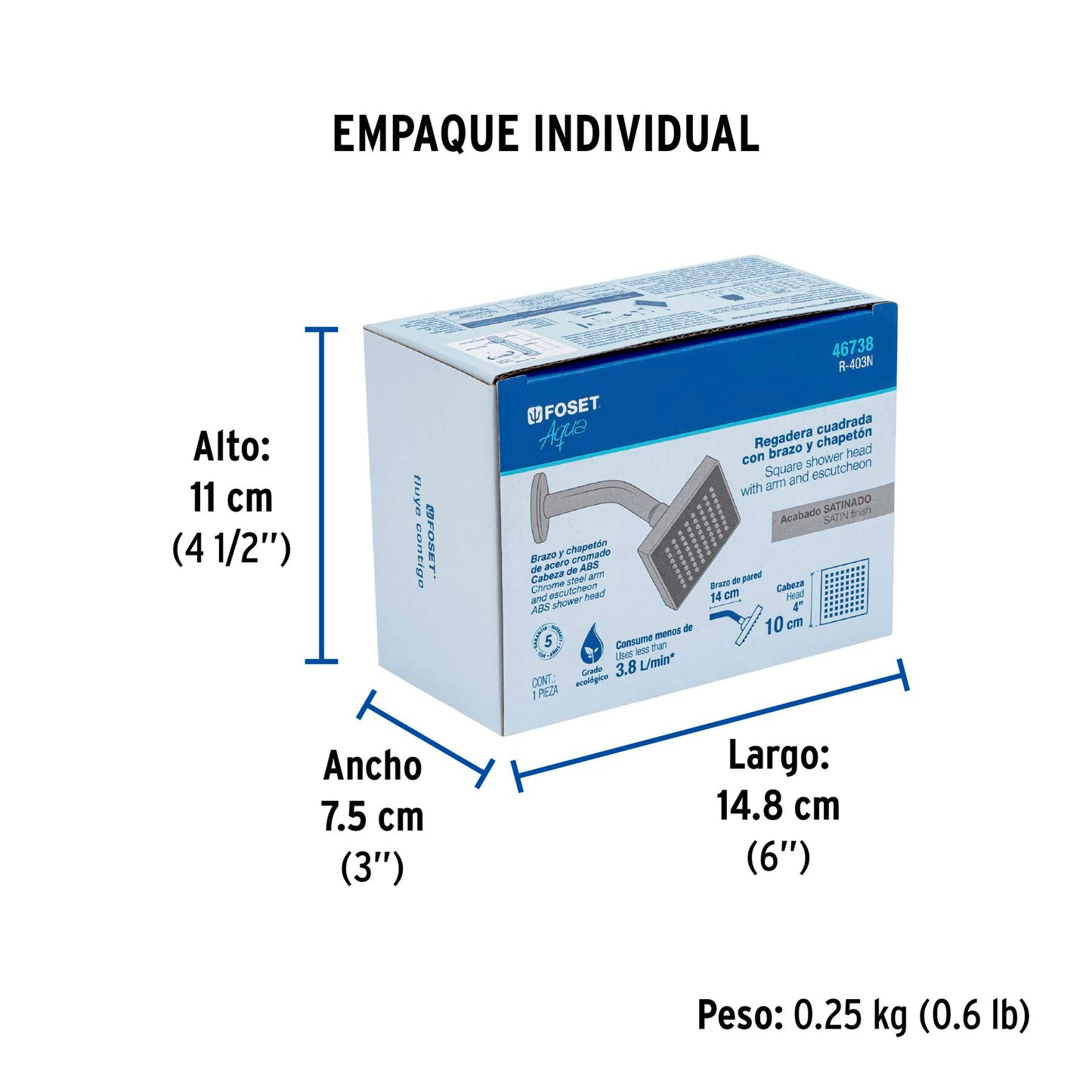 Regadera cuadrada ABS 4" acabado satín con brazo, Foset 46738