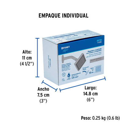 Regadera cuadrada ABS 4" acabado satín con brazo, Foset 46738