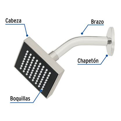 Regadera cuadrada ABS 4" acabado satín con brazo, Foset 46738