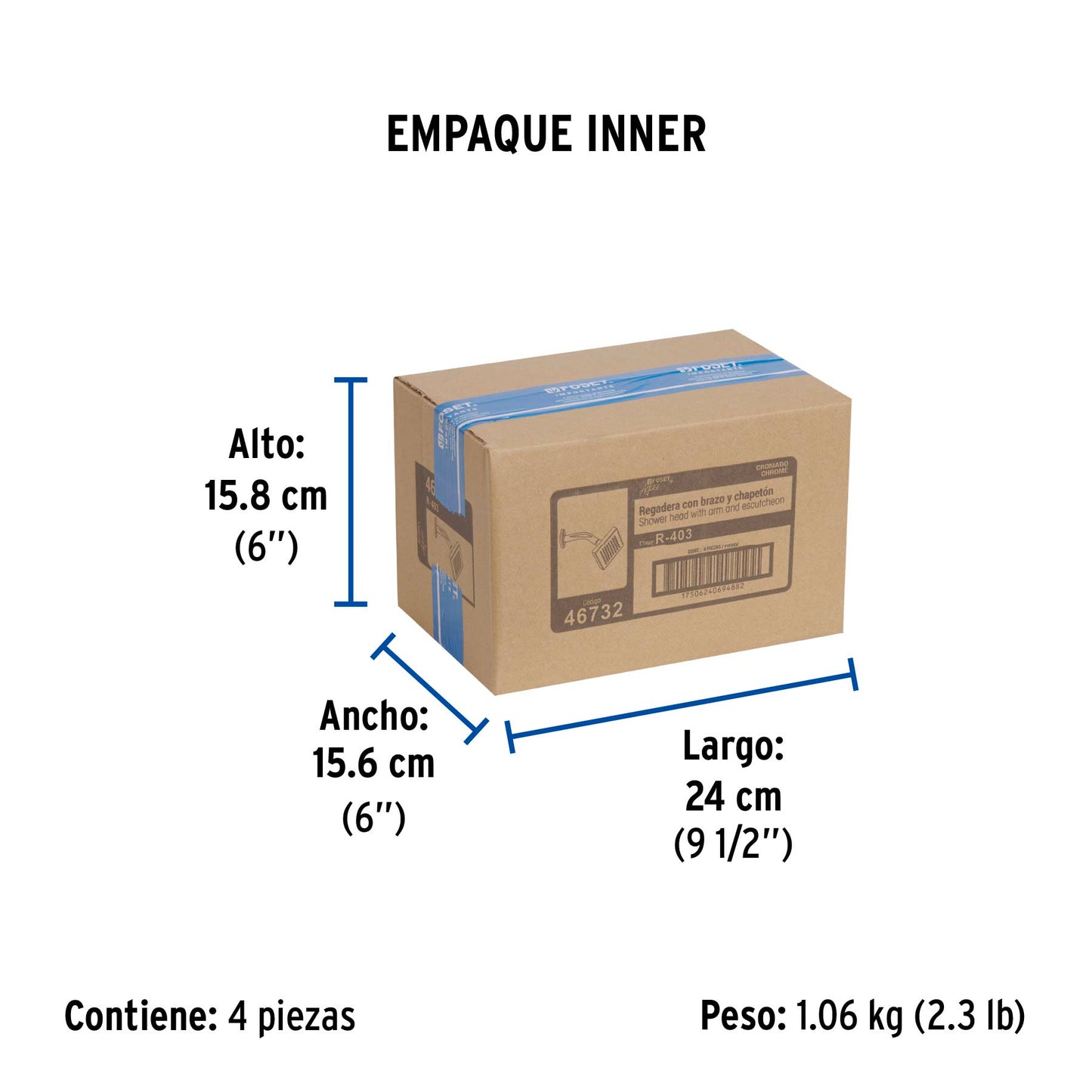 Regadera cuadrada ABS 4" acabado cromo con brazo, Foset 46732