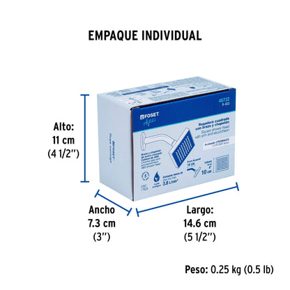 Regadera cuadrada ABS 4" acabado cromo con brazo, Foset 46732