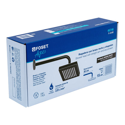 Regadera cuadrada ABS 6" acabado negro mate con brazo, Foset 46746