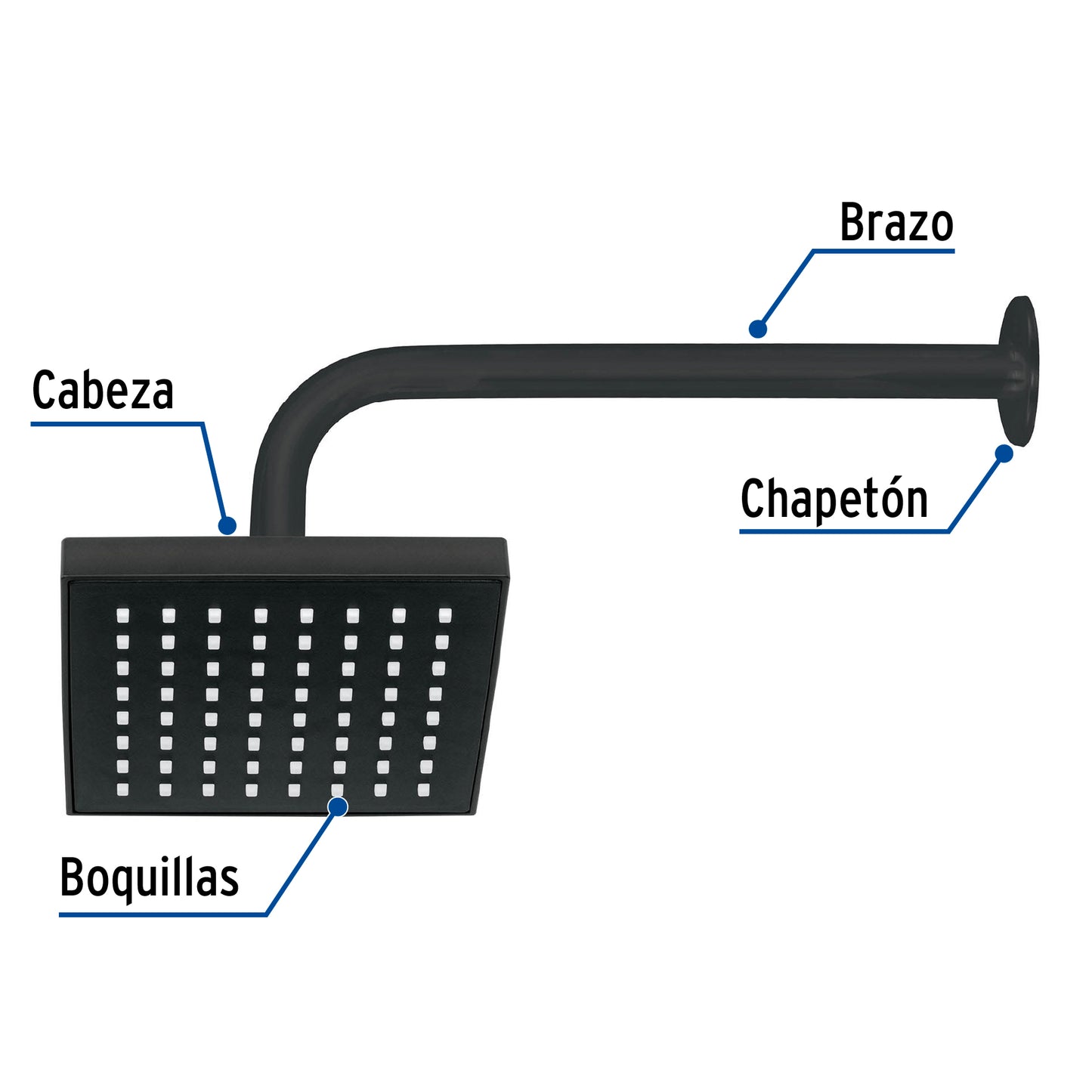 Regadera cuadrada ABS 6" acabado negro mate con brazo, Foset 46746