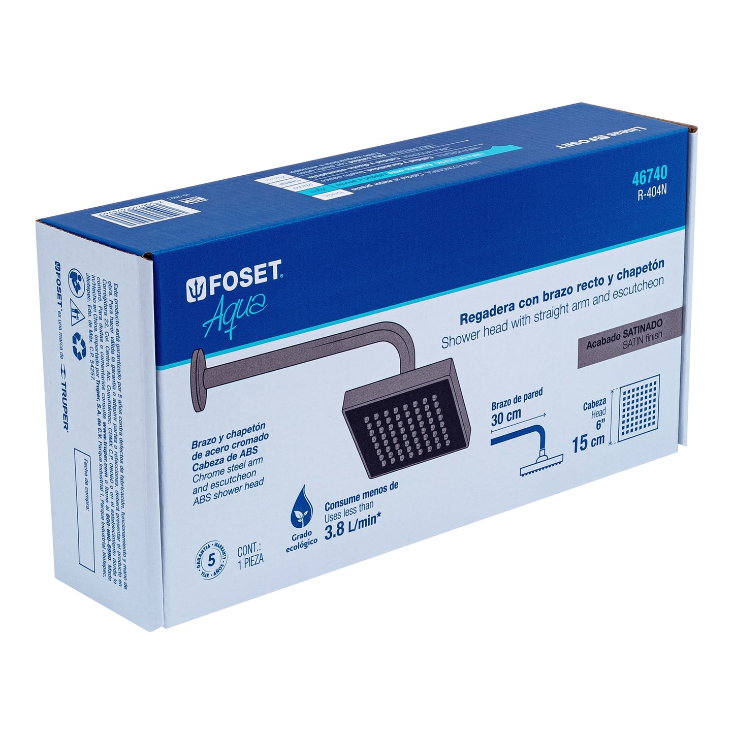 Regadera cuadrada ABS 6" acabado satín con brazo, Foset 46740