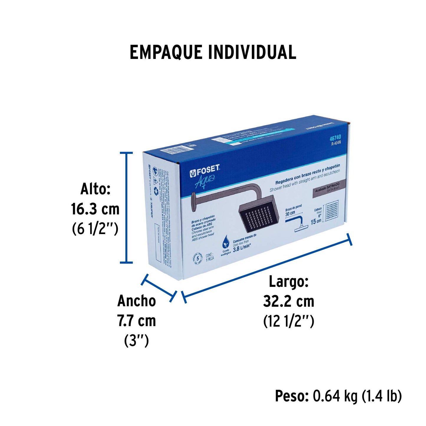 Regadera cuadrada ABS 6" acabado satín con brazo, Foset 46740