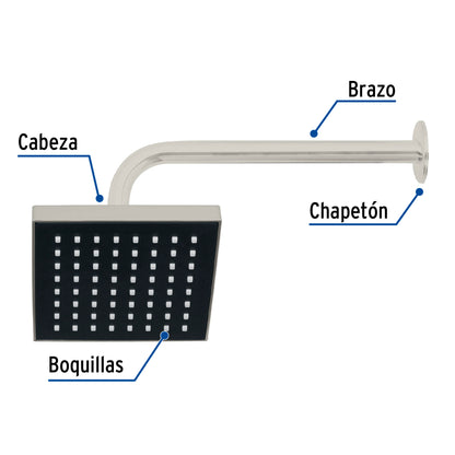 Regadera cuadrada ABS 6" acabado satín con brazo, Foset 46740