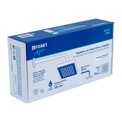 Regadera cuadrada ABS 6" acabado cromo con brazo, Foset 46734