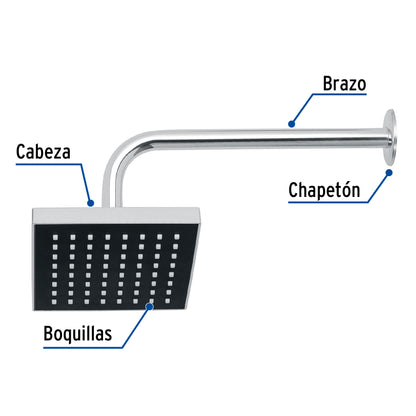 Regadera cuadrada ABS 6" acabado cromo con brazo, Foset 46734