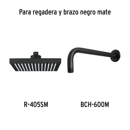 Regadera cuadrada ABS 8" acabado negro mate con brazo, Foset 46748