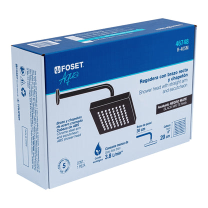 Regadera cuadrada ABS 8" acabado negro mate con brazo, Foset 46748
