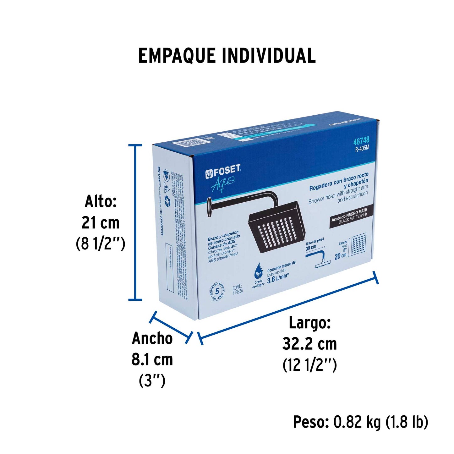 Regadera cuadrada ABS 8" acabado negro mate con brazo, Foset 46748