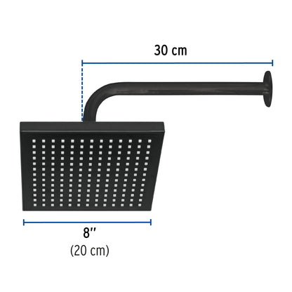 Regadera cuadrada ABS 8" acabado negro mate con brazo, Foset 46748