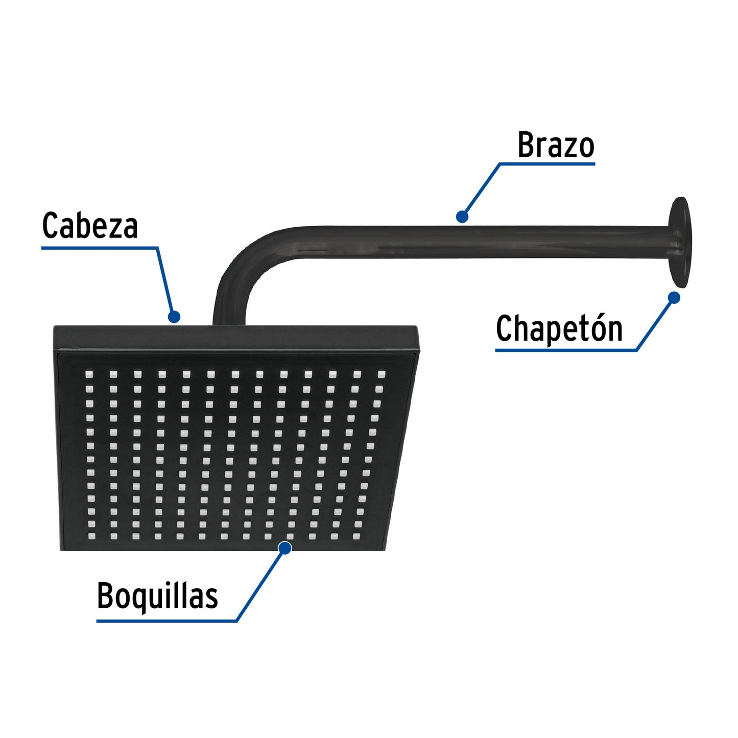 Regadera cuadrada ABS 8" acabado negro mate con brazo, Foset 46748